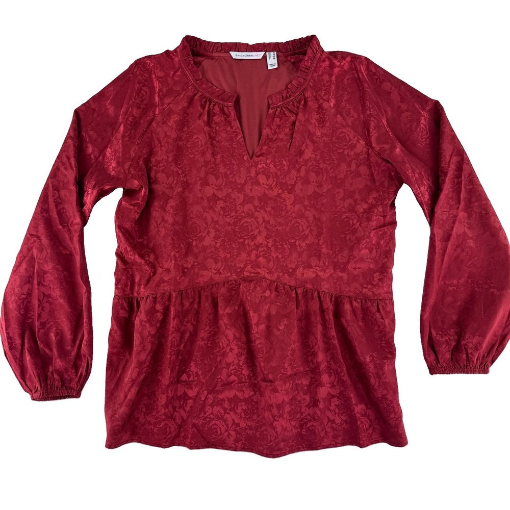 Isaac Mizrahi Live! Stretch Jacquard Shirred Peplum Blouse 10 Regular Red